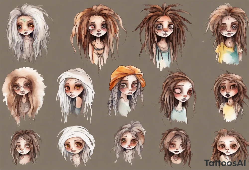 a mole woman with large eyes pale fur and messy brown dreadlocks tattoo idea