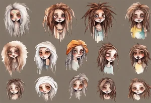 a mole woman with large eyes pale fur and messy brown dreadlocks tattoo idea