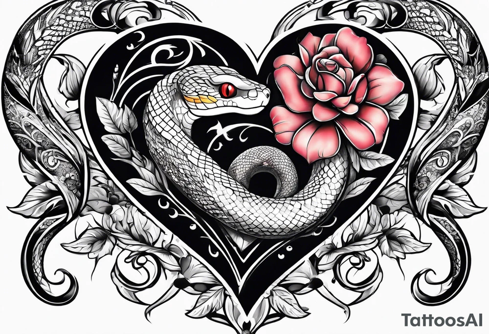 snakes wrapped around a heart with flowers tattoo idea