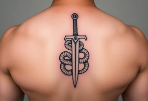 mystical snake coiled around an ancient dagger with jeweled hilt tattoo idea