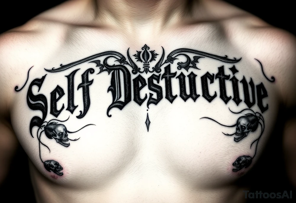 An outline of The words “Self Destructive” in a Chicano/Old English Font across the chest, with lots of shading behind the words and some skulls tattoo idea