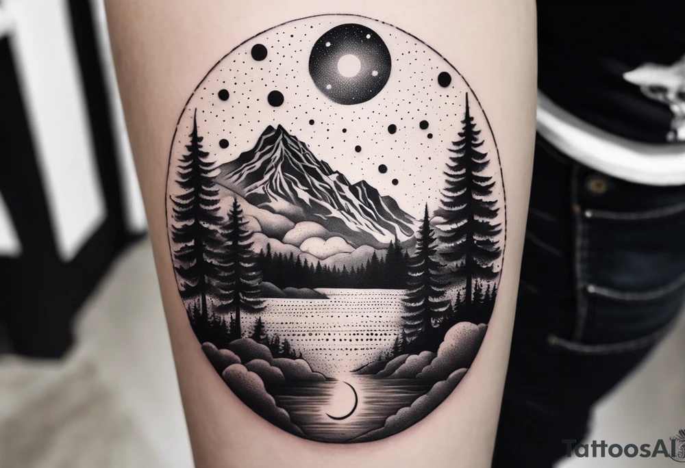 nature with mountains, waterfall, water, and a family of three in the background and and moon/sun in the sky with stars tattoo idea