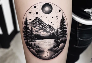 nature with mountains, waterfall, water, and a family of three in the background and and moon/sun in the sky with stars tattoo idea