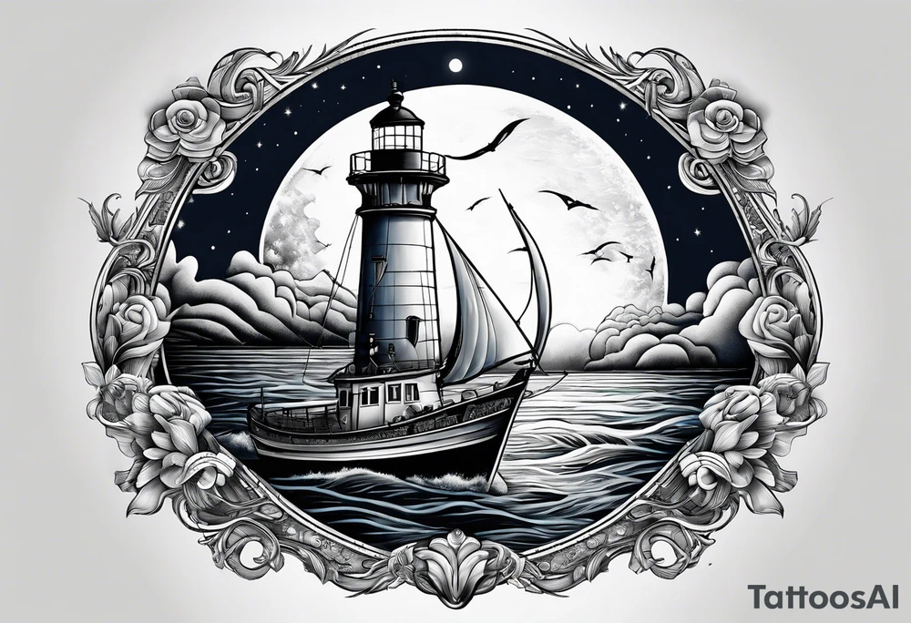 bateau, phare maritime, phoenix,    lune bleu. tattoo idea