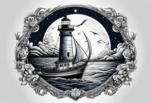 bateau, phare maritime, phoenix,    lune bleu. tattoo idea