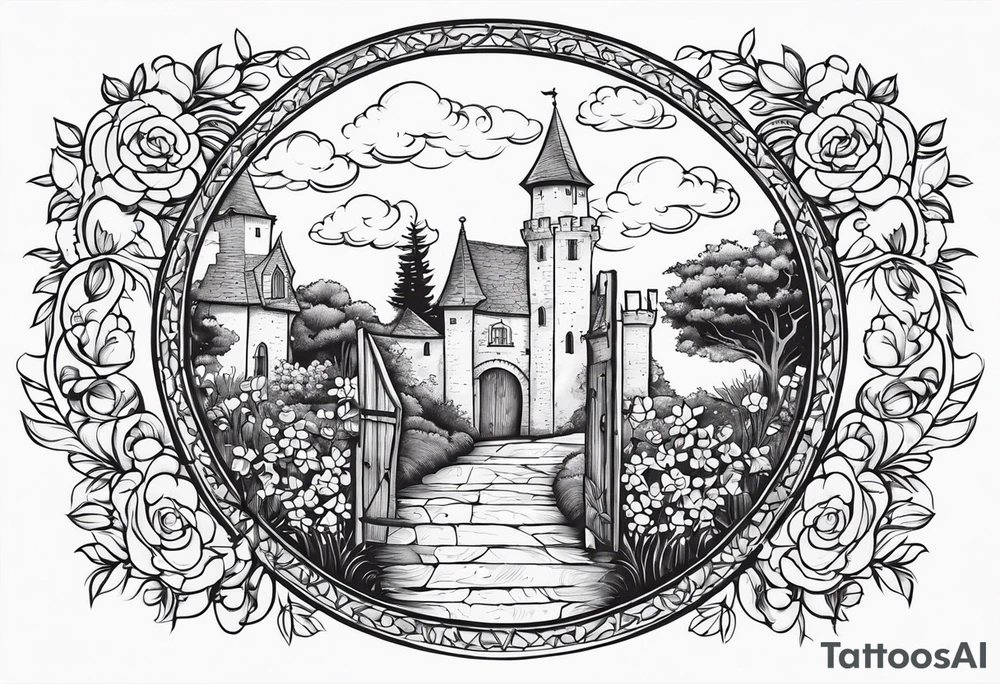 medieval town garden gate entrance circle vignette surrounded clouds floral tattoo idea