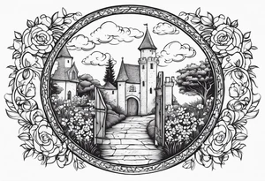 medieval town garden gate entrance circle vignette surrounded clouds floral tattoo idea