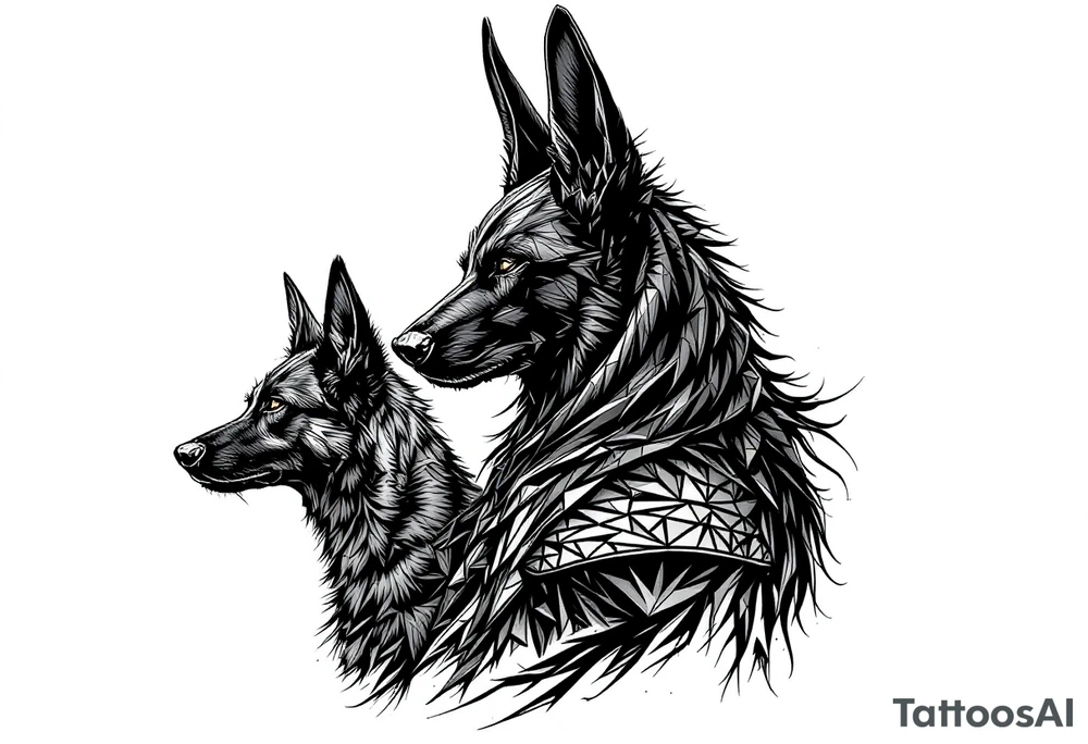 a creature that looks strongly like Anubis, plus a black Labrador and a black German Shepard, with the tall pointy ears of a jackal, looking back, serious and daring tattoo idea