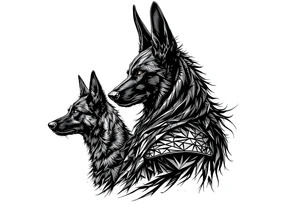 a creature that looks strongly like Anubis, plus a black Labrador and a black German Shepard, with the tall pointy ears of a jackal, looking back, serious and daring tattoo idea