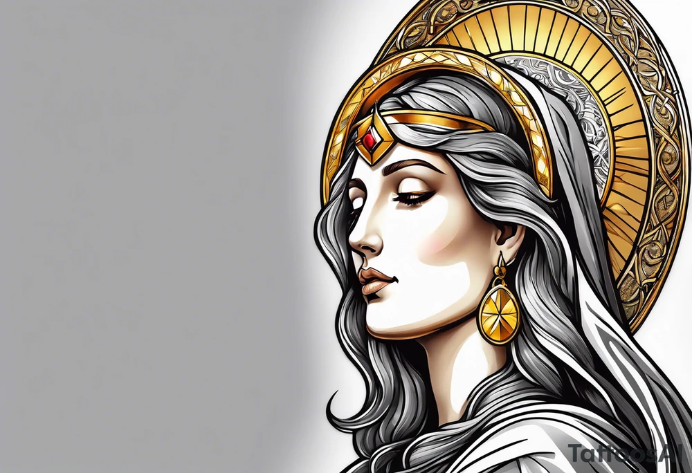 holy saint woman turned away with golden halo holding a chalice tattoo idea