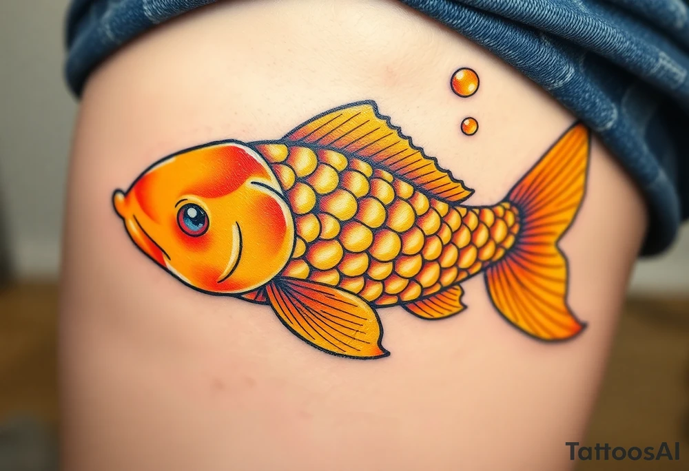 A highly detailed golden carp with shimmering scales, swimming through crystal-clear water with light reflections tattoo idea