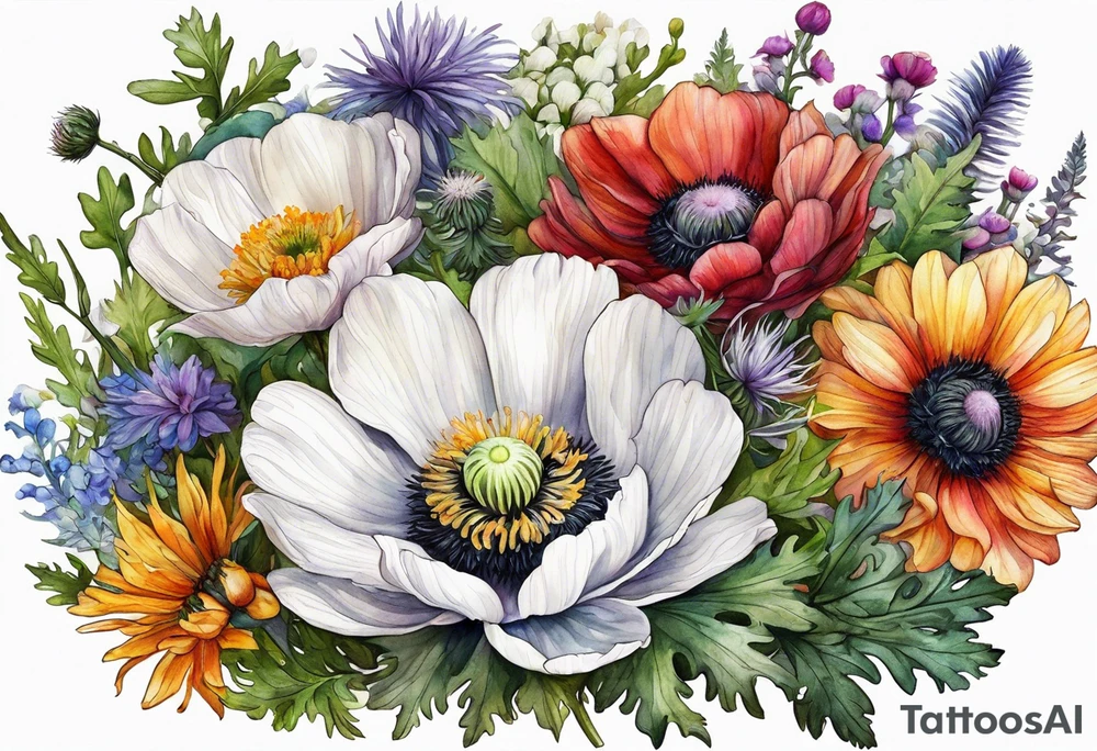 one white anemone with black center in the middle of equal sized mixed colorful wildflowers all with different shapes including thistles, ferns, ranuculus, and sun flowers all in watercolor tattoo idea