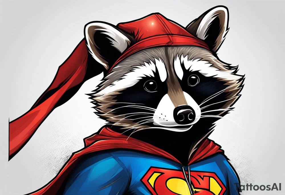 raccoon wearing a Superman hoodie tattoo idea