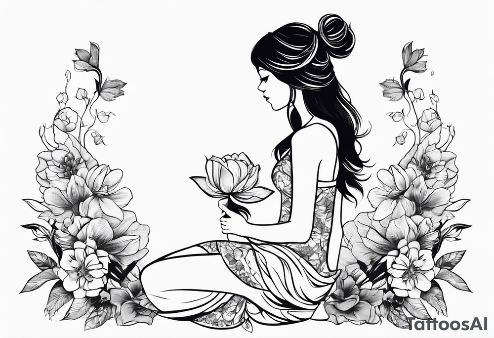 silhouette of a girl with a flower, kneeling tattoo idea