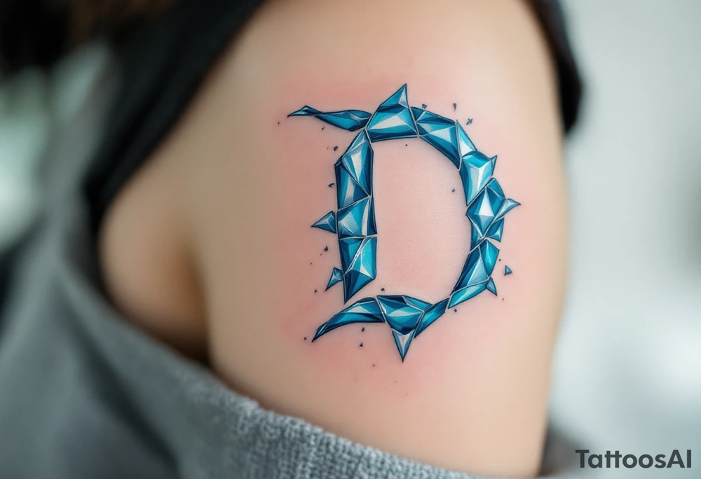 Broken Glass D – A fragmented D made to look like shattered glass, using gradients of icy blues and silvers. tattoo idea