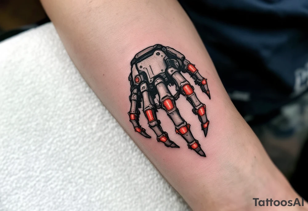 A skeletal robotic hand with bone-like mechanical segments in matte gray, accented by red heat signatures at each joint. tattoo idea