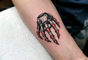 A skeletal robotic hand with bone-like mechanical segments in matte gray, accented by red heat signatures at each joint. tattoo idea