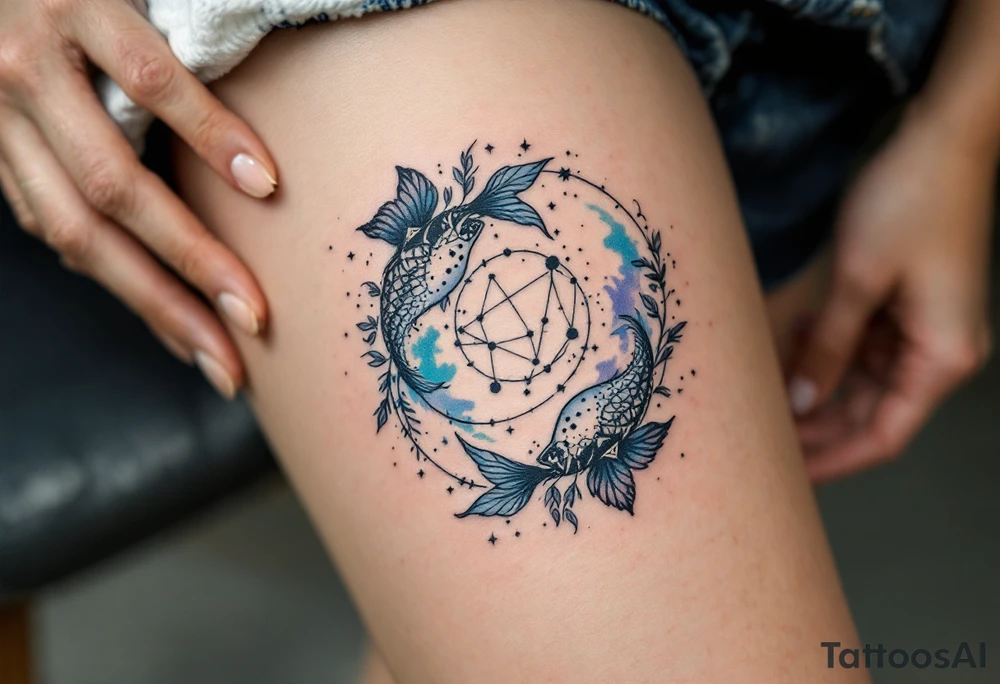A black-ink Pisces glyph anchors this design, with the Pisces star constellation fading into a soft sky-blue mist. tattoo idea