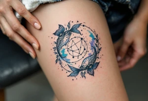 A black-ink Pisces glyph anchors this design, with the Pisces star constellation fading into a soft sky-blue mist. tattoo idea
