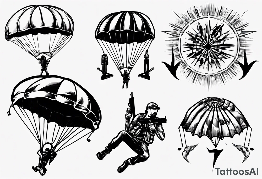 man parachute and shooting guns tattoo idea