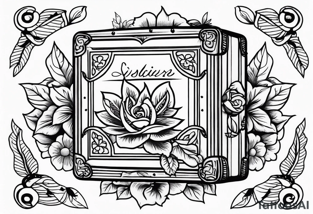 An sailor Jerry style tattoo of a vintage cigar box surrounded by traditional flowers tattoo idea