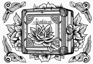 An sailor Jerry style tattoo of a vintage cigar box surrounded by traditional flowers tattoo idea
