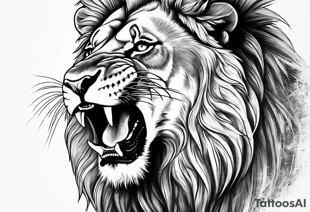 powerful lion, mouth opened, looking at left tattoo idea