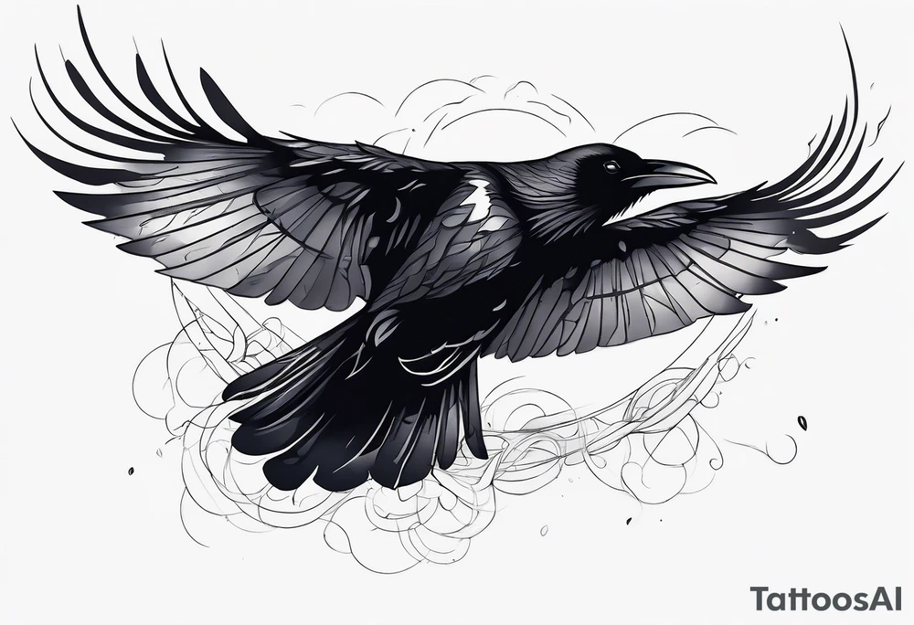 Raven in flight, upsidedown, knowing, light behind its eyes, ethereal tattoo idea