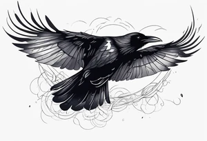 Raven in flight, upsidedown, knowing, light behind its eyes, ethereal tattoo idea