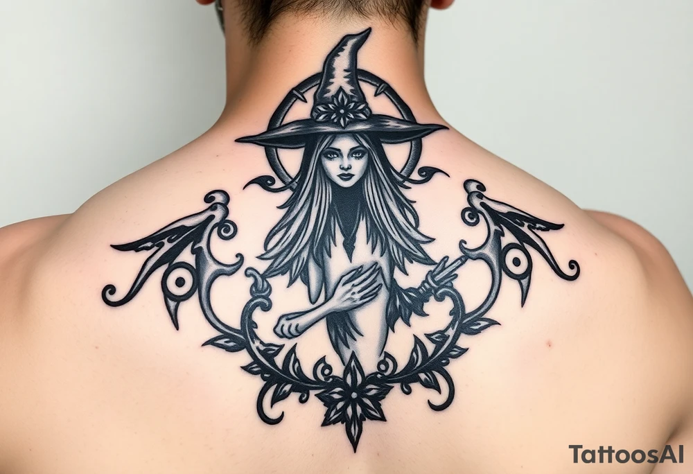 powerful wicca witch surrounded  with magic tattoo idea