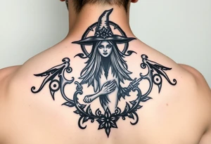 powerful wicca witch surrounded  with magic tattoo idea