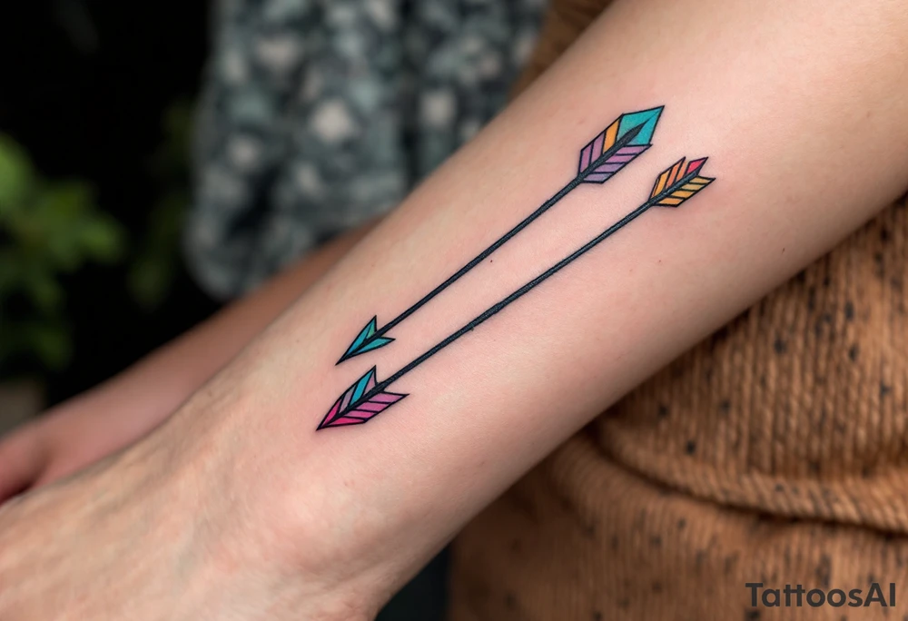 Tribal-style arrows in black with colored tips on the forearm point toward your shared journey. tattoo idea