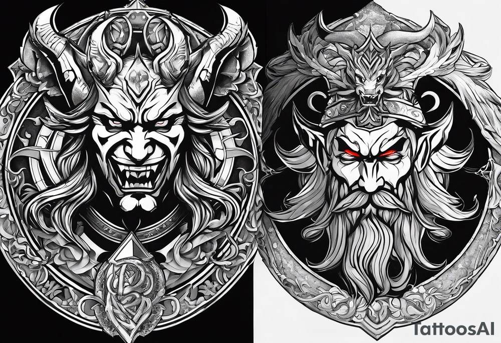 I want a minimalist design of the battle I face between good and evil. God vs the devil , good vs evil , indulgence vs discipline. 2 sides of the one coin that is my personality. tattoo idea