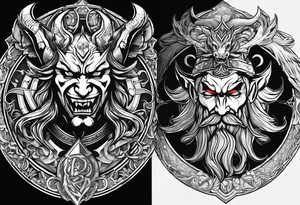 I want a minimalist design of the battle I face between good and evil. God vs the devil , good vs evil , indulgence vs discipline. 2 sides of the one coin that is my personality. tattoo idea