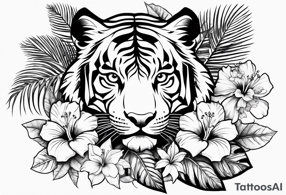 Hibiscus is very tropical with palm trees, tiger, surrounded with flowers tattoo idea