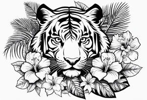 Hibiscus is very tropical with palm trees, tiger, surrounded with flowers tattoo idea