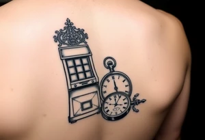 Slot machine next to pocket watch and compass tattoo idea