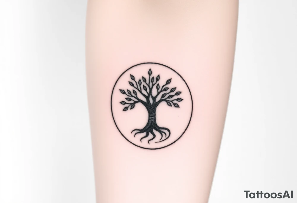 Tree with few leaves,  encircled in a spiral circle with a line starting from the center of the tree and spiraling outward, clockwise direction tattoo idea