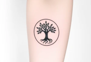 Tree with few leaves,  encircled in a spiral circle with a line starting from the center of the tree and spiraling outward, clockwise direction tattoo idea