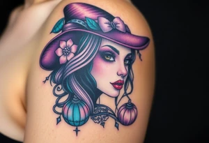 A witches portrait with purple and teal accents and halloween ornaments tattoo idea