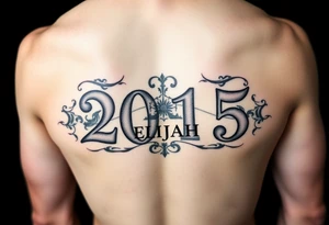 a powerful majestic set of ROMAN NUMERALS equalling the year 2015, with an elegant name of ELIJAH placed within the center of the roman numerals tattoo idea