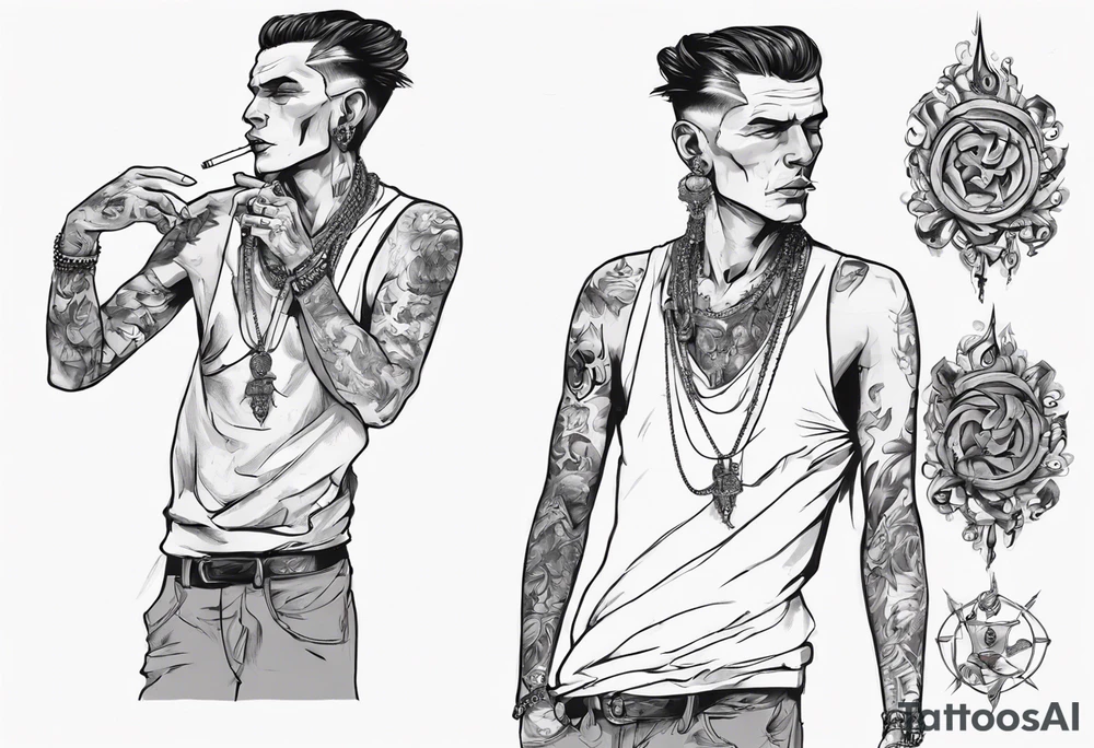 A man standing full-length, smoking a cigarette, with earrings in his ears, no headgear tattoo idea