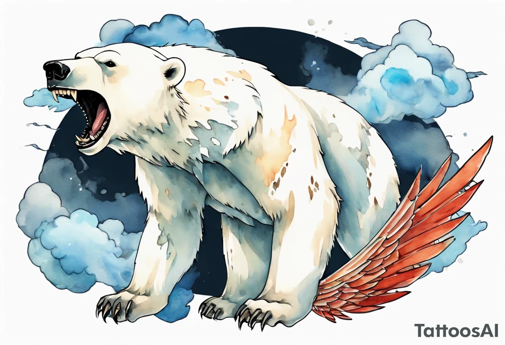 a polar bear with wings, standing on thunder clouds, with mouth wide open tattoo idea