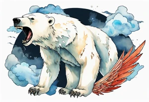 a polar bear with wings, standing on thunder clouds, with mouth wide open tattoo idea