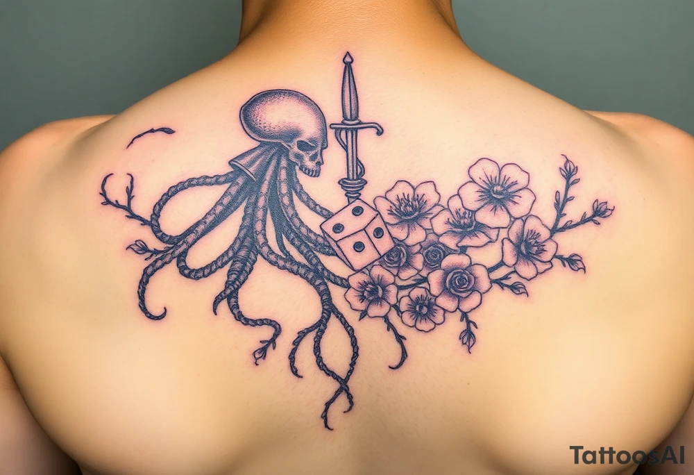 squid and knight combined with tree roots, cherry blossoms and roses rolling dice tattoo idea