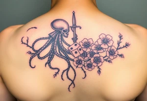 squid and knight combined with tree roots, cherry blossoms and roses rolling dice tattoo idea