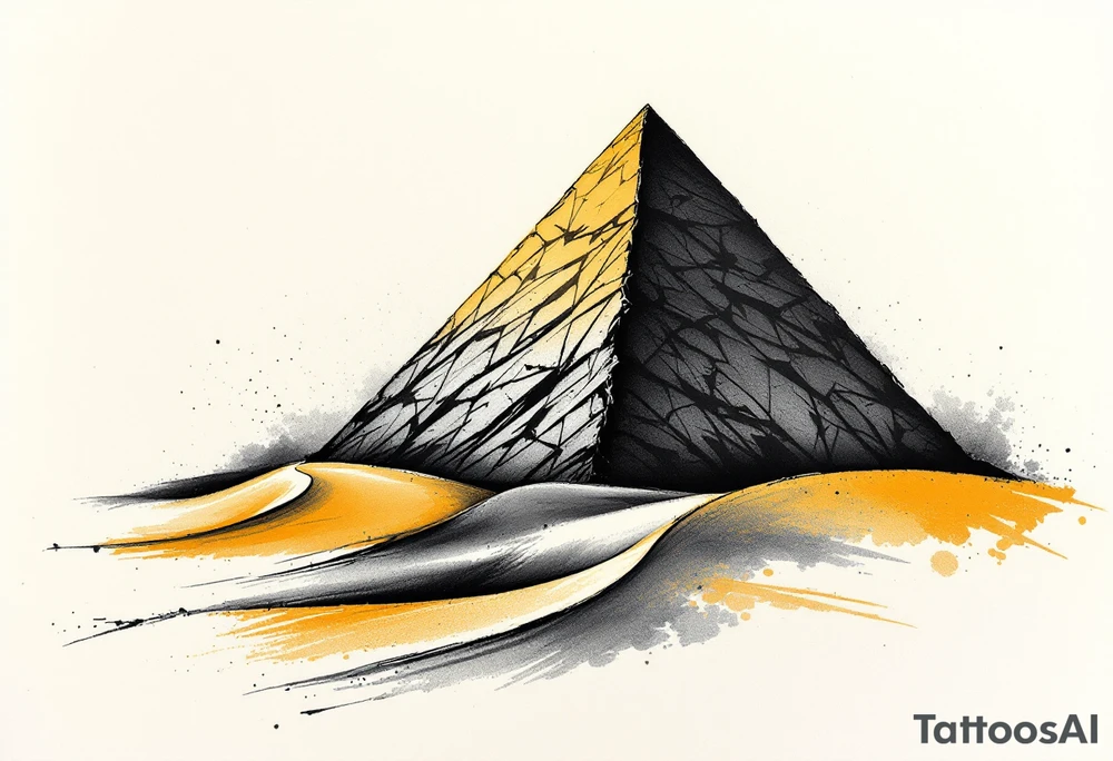 A jet-black pyramid casting a shadow over a golden sand dune. tattoo idea