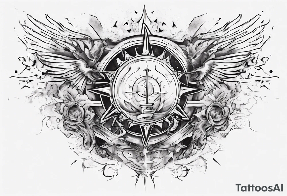 Chest tatoo abstraction with sun and letters and angels tattoo idea