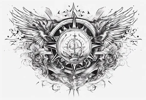 Chest tatoo abstraction with sun and letters and angels tattoo idea