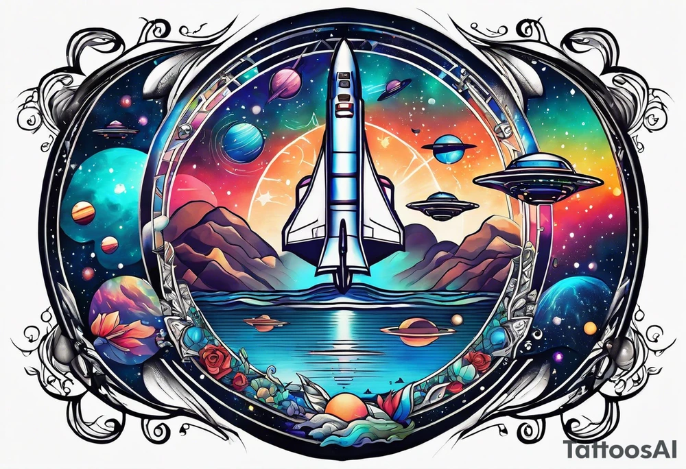 Tattoo featuring space featuring spaceships and featuring water in galaxy colours featuring animals tattoo idea